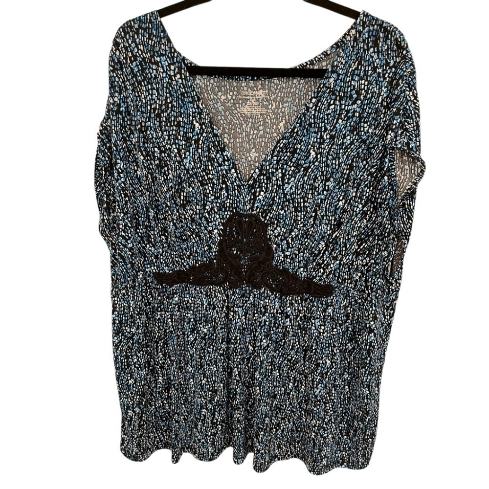 Lane Bryant Plus Blue Black Abstract Print Crochet V-Neck Stretch Blouse 22 24